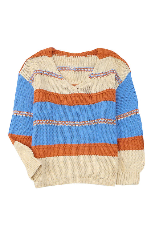 V-Neck Knitted Lantern Sleeve Pullover Sweater